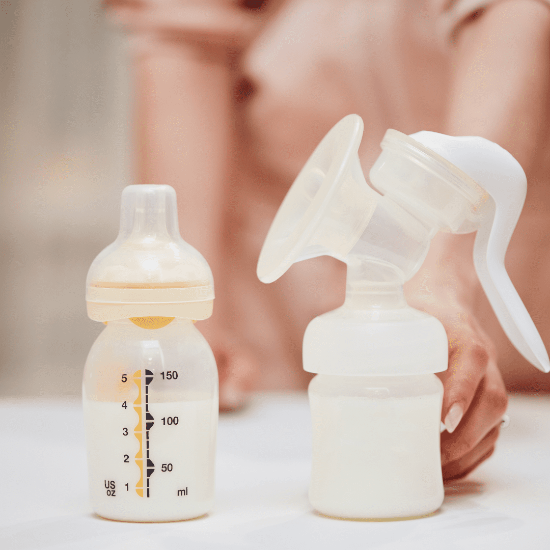 A breast pump and a bottle for storage.