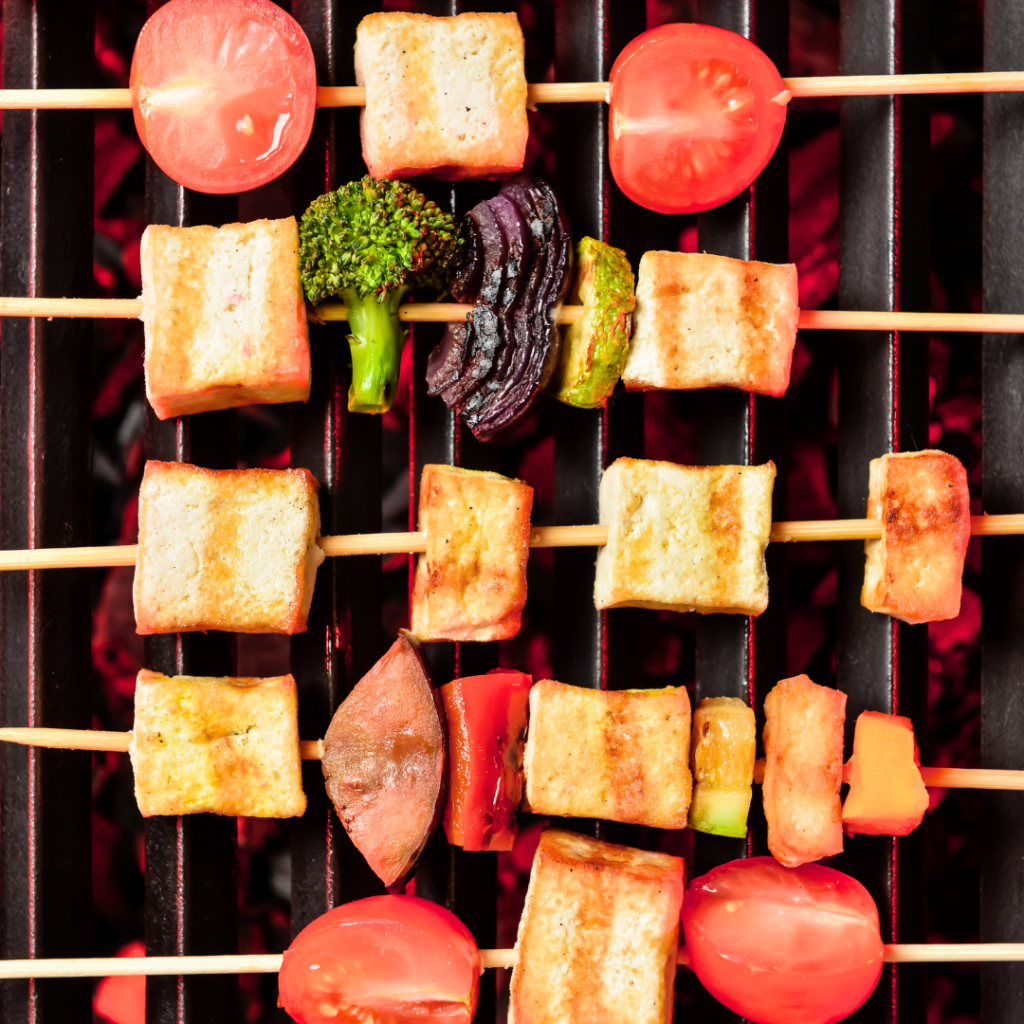 Tofu kabobs on the barbecue.
