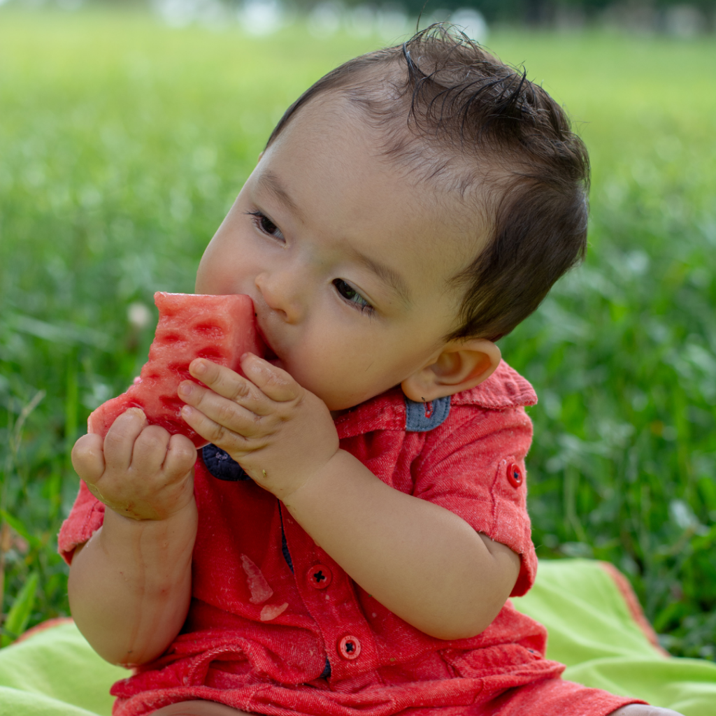 Baby boy sitting outside on a blanket eating a chunk of watermelon.