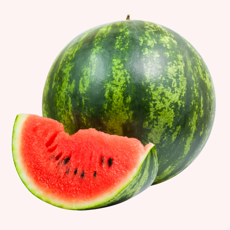 Round, ripe whole watermelon with a quarter of a fresh watermelon in front showing the interior.
