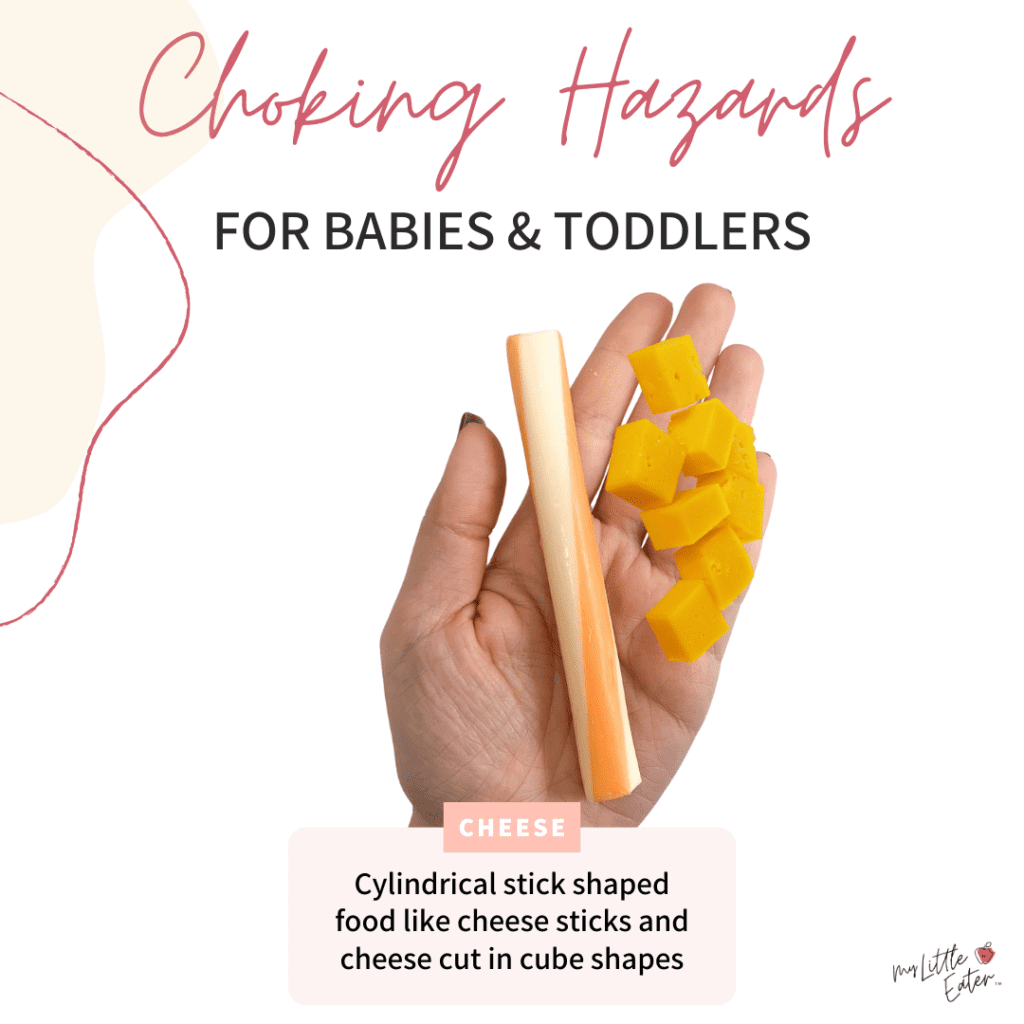 Cheese stick and cubed cheese in the palm of a person's hand as they are choking hazards for babies and toddlers.