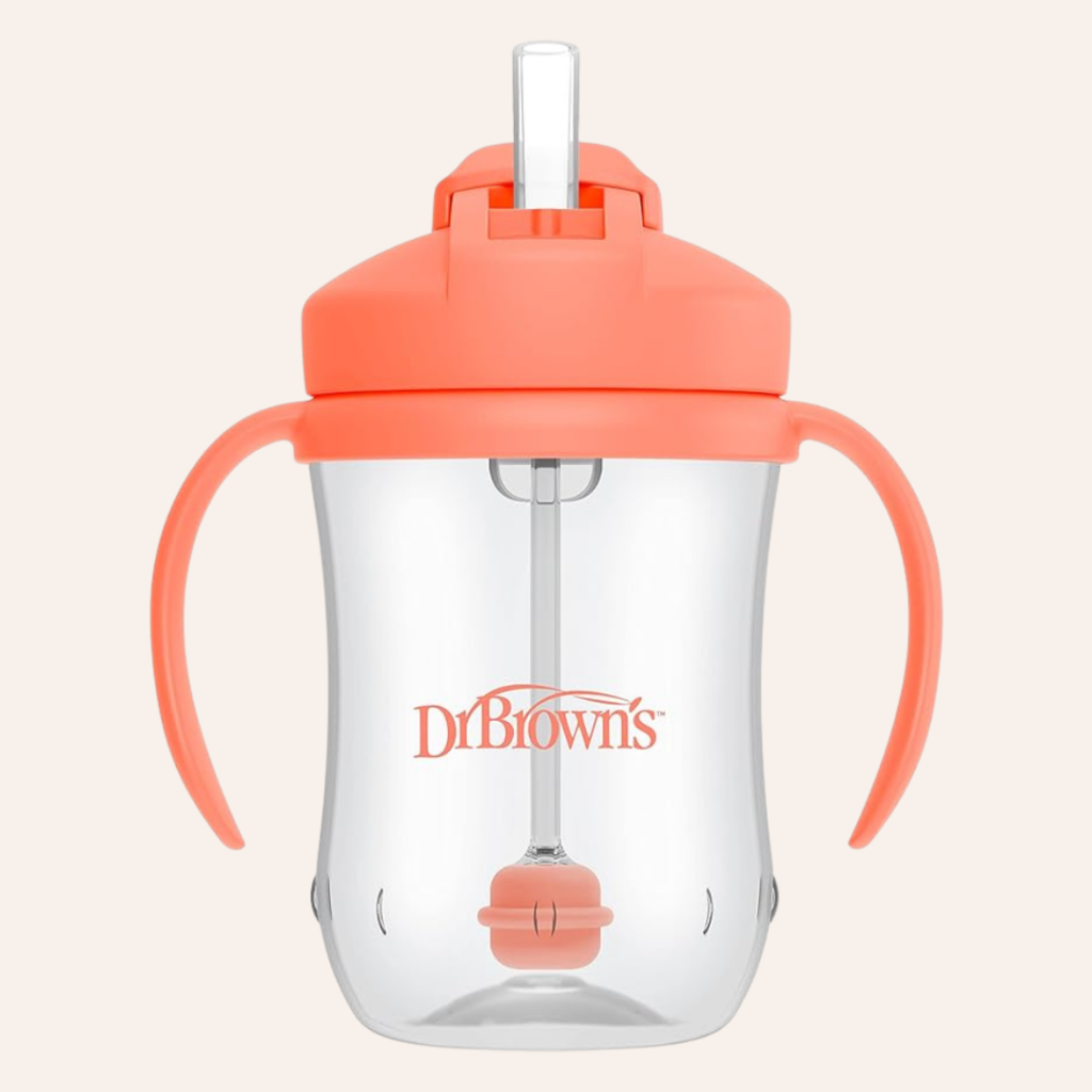 Dr. Brown's™ Milestones™ straw cup with an orange lid.