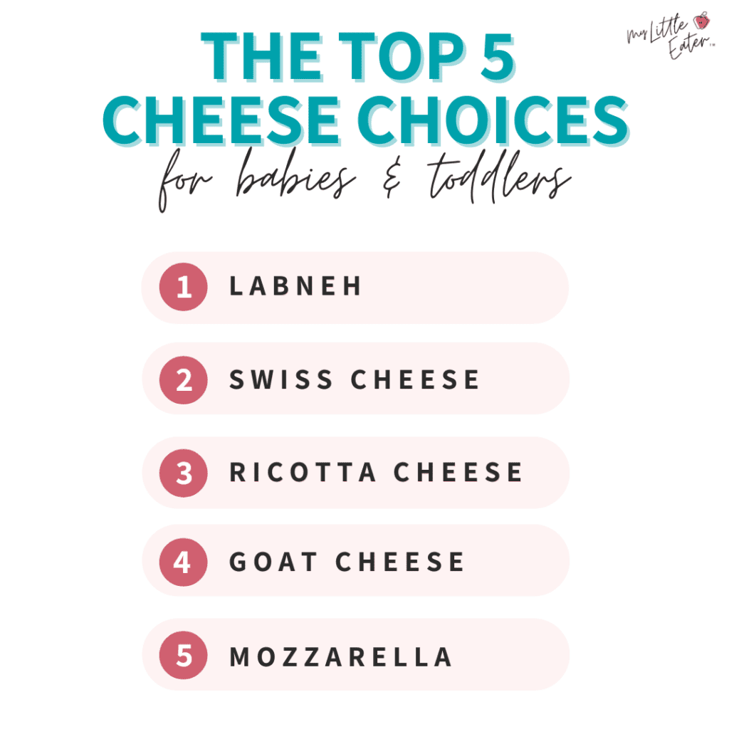 The top 5 cheese choices for babies and toddlers, including: labneh, swiss, ricotta, goat cheese, and fresh mozzarella.