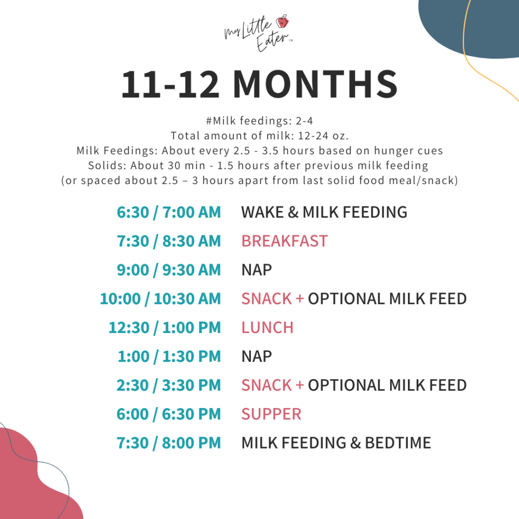 Breast milk or formula and solid food schedules for 11-12 months.