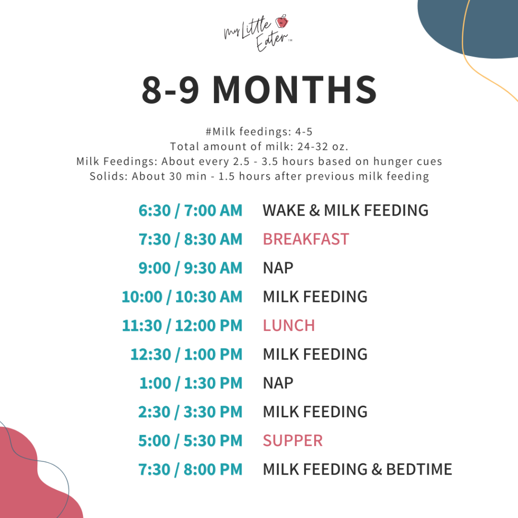 Breast milk or formula and solid food schedules for 8-9 months.