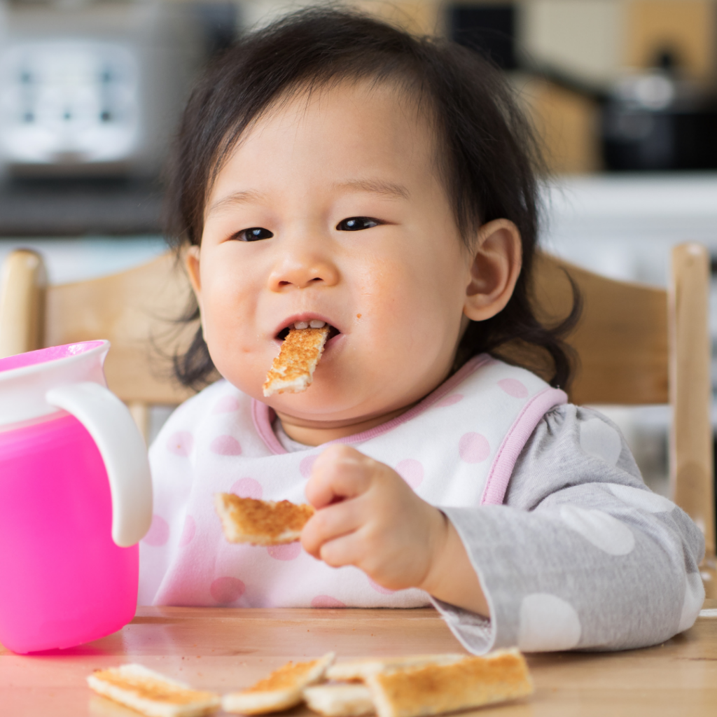 Baby enjoying toast strips served according to baby led weaning practices, in a high chair.