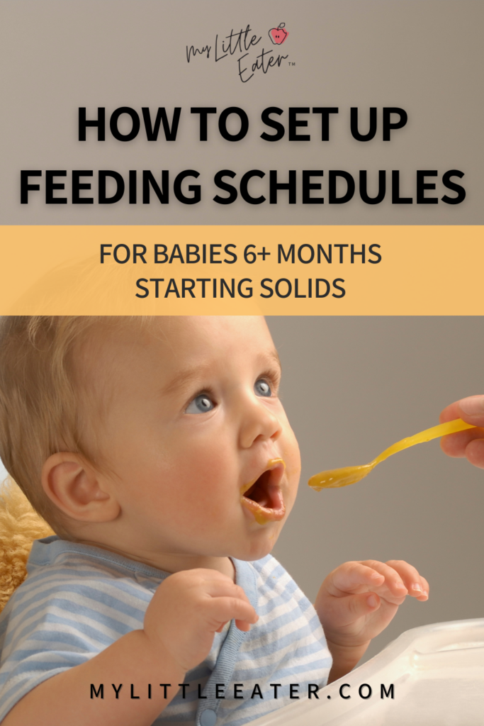 How to set up baby feeding schedules between 6 and 12 months old; baby with mouth open for eating solid food.