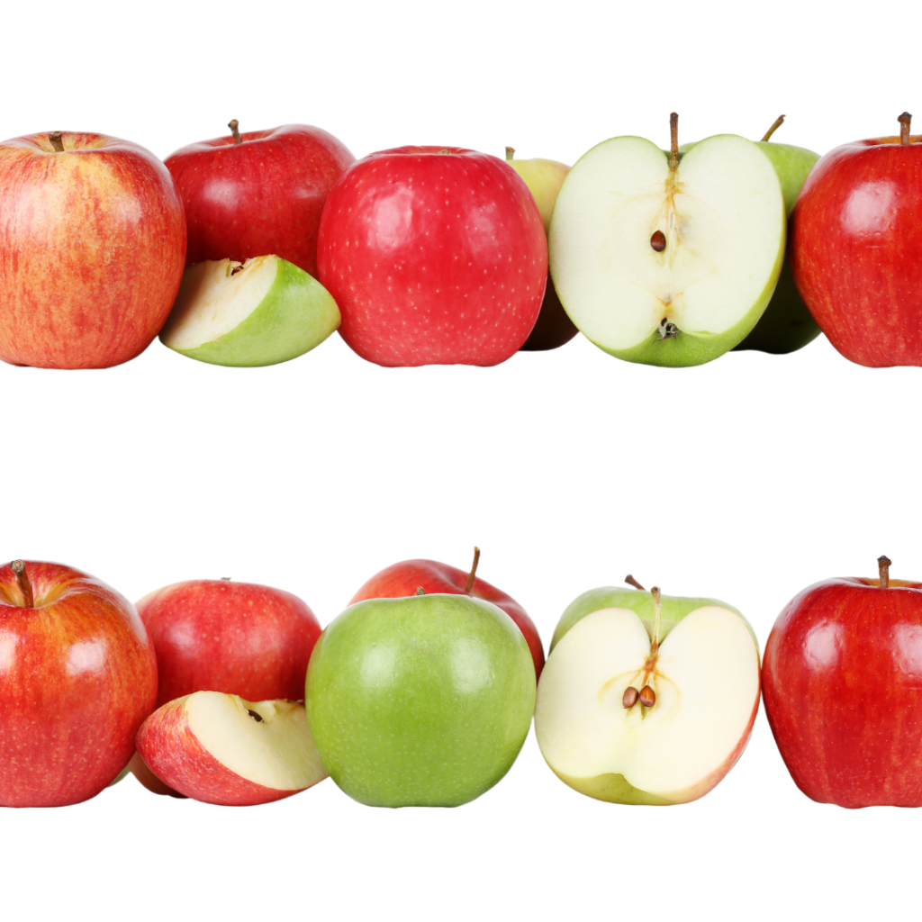 Green and red varieties of apples lined up in two rows.