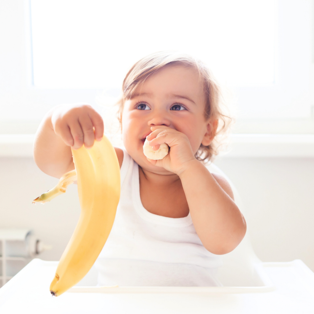 A baby eating a peeled banana, holding the peel out in front of them.