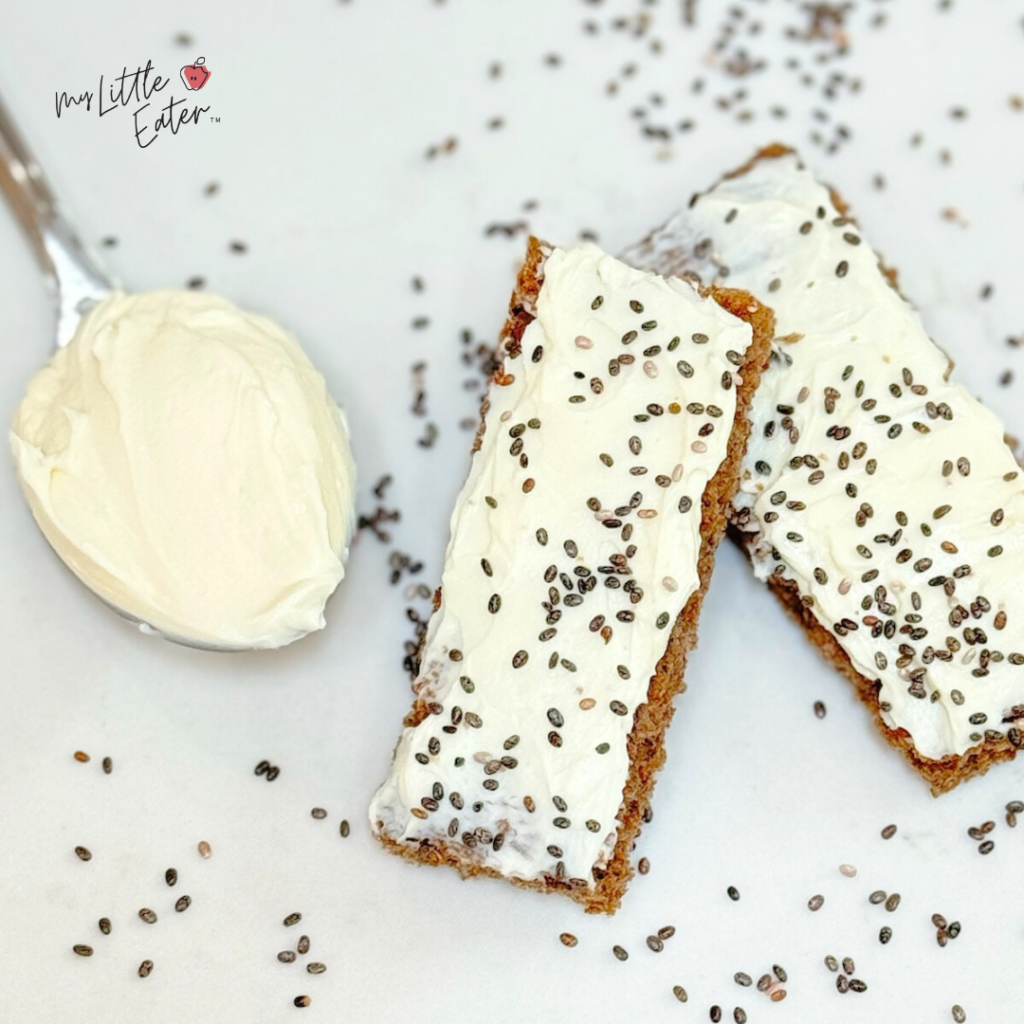 Toast with cream cheese and chia seeds for baby led weaning.