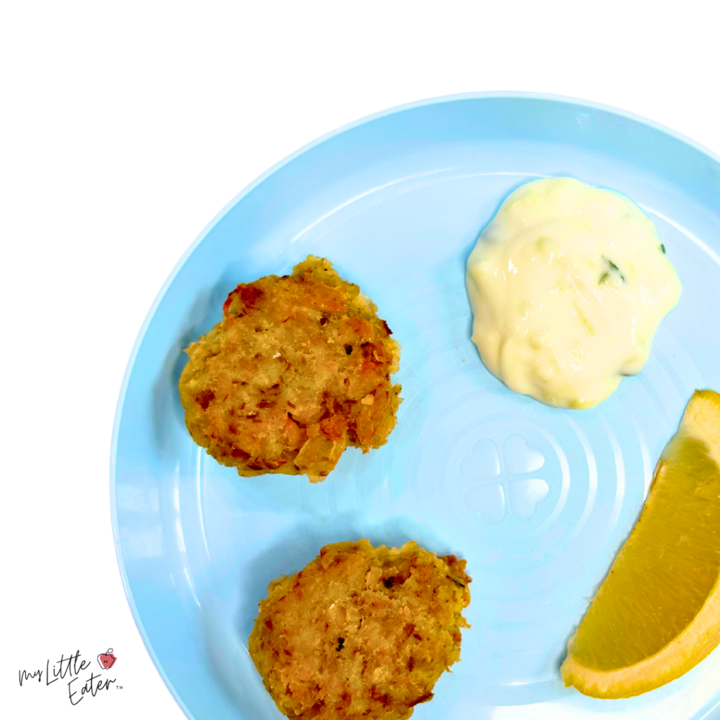 Sardine fritters with tzatziki for baby led weaning.