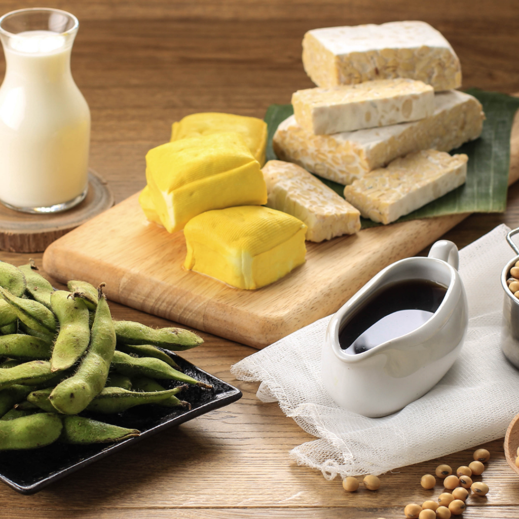 Soy based products including soy milk, tempeh, soy sauce, and edamame.