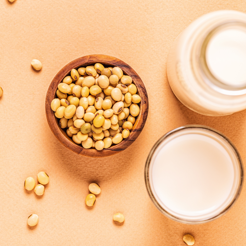 Soy based products including soy beans in a bowl and soy milk in a cup.