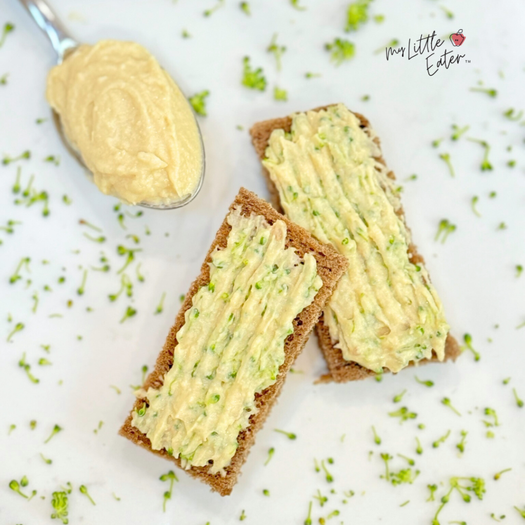 Toast with hummus and broccoli for babies and toddlers.