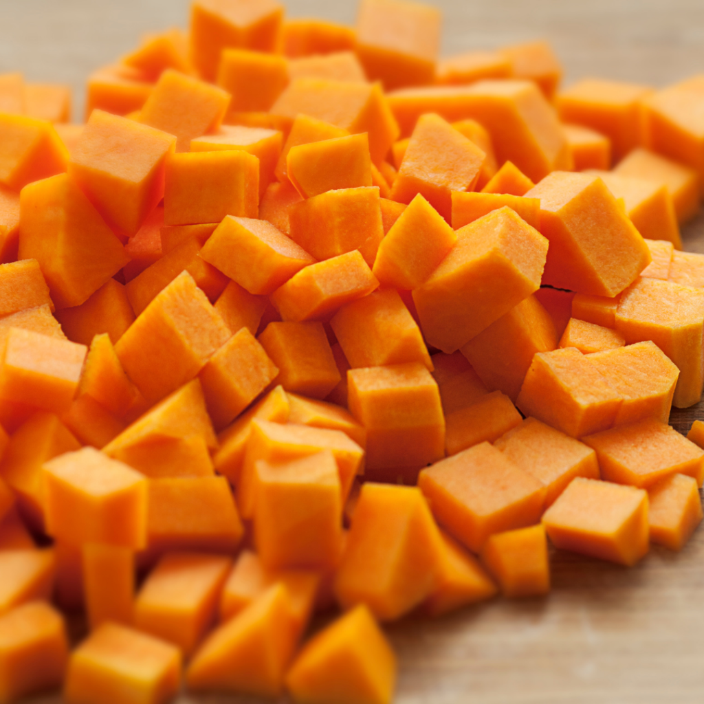 Uncooked, diced butternut squash for making butternut squash puree.