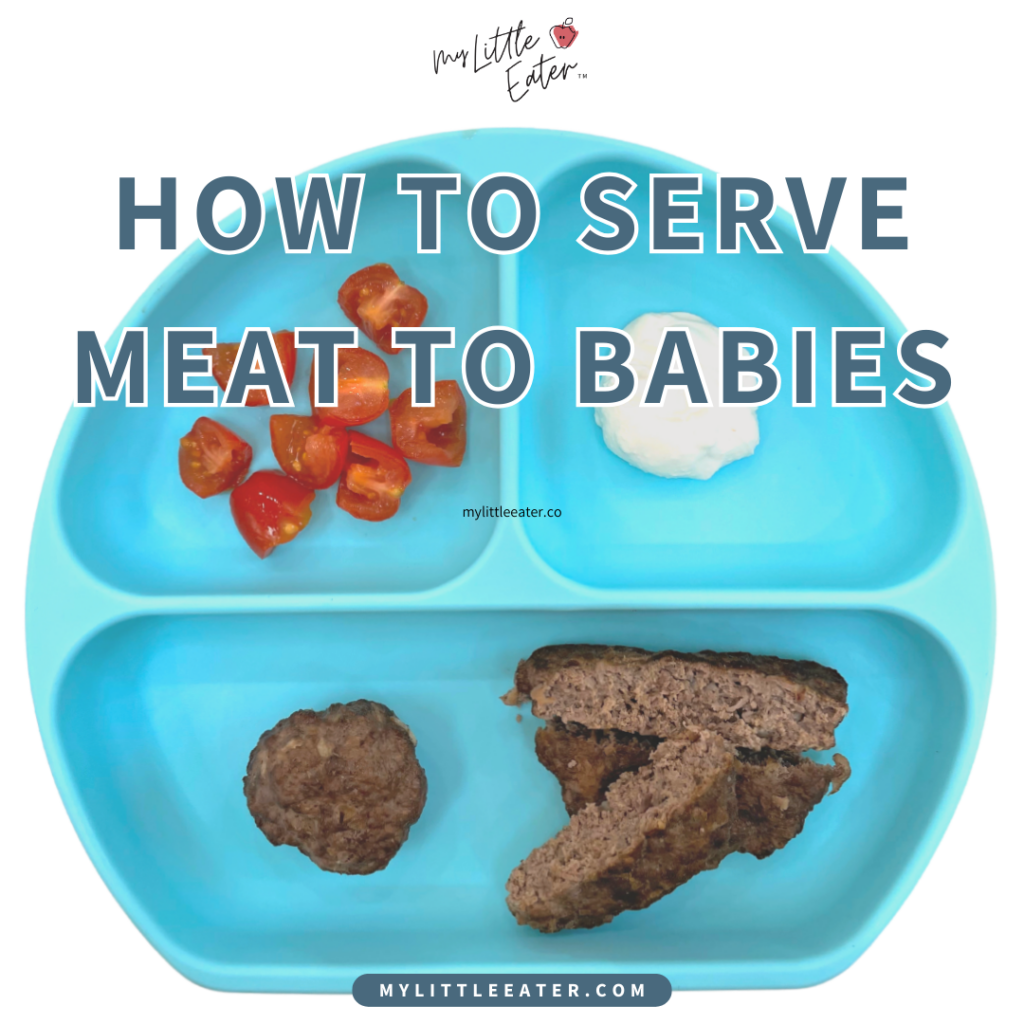 How to serve ground meat to babies when introducing solid foods, pictured is ground beef in various forms (as a meatball and sliced hamburger) with sliced tomatoes and yogurt.