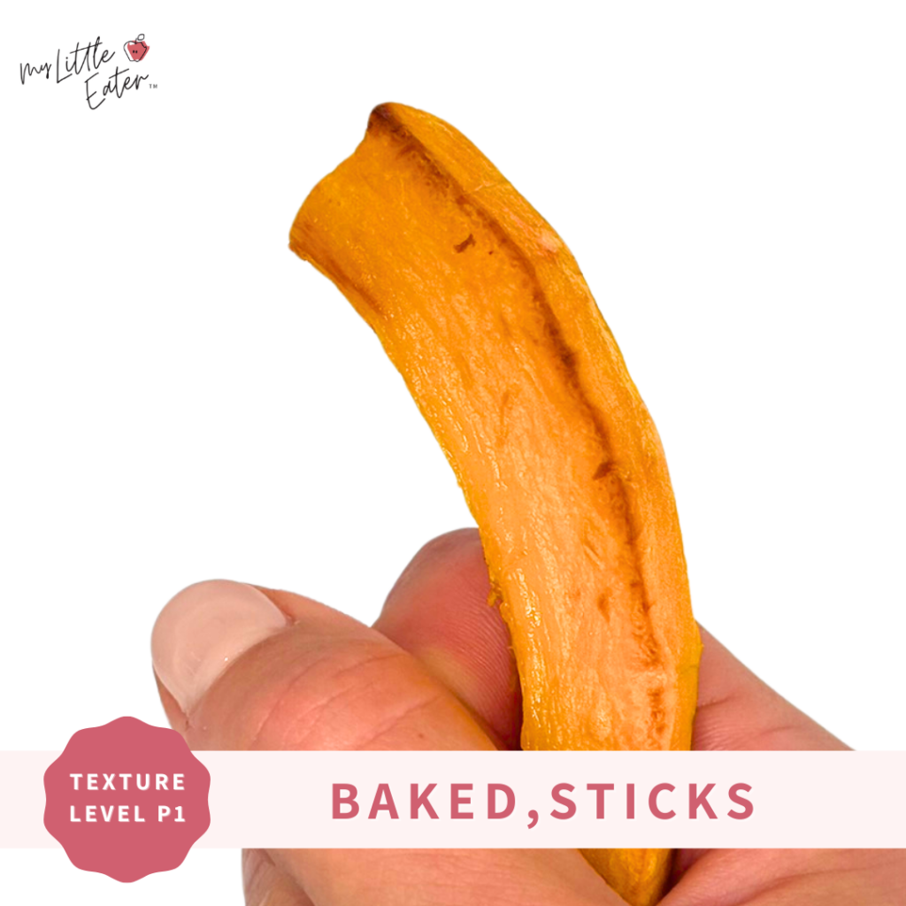 Roasted pumpkin cut into stick shape to serve as a baby food.