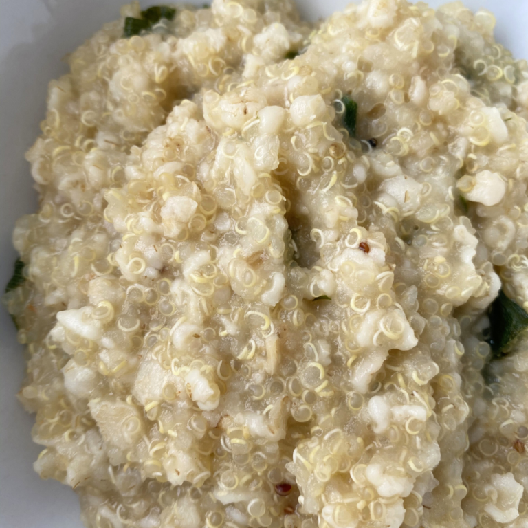 Close up of quinoa baby cereal mixed with peanut butter and mashed blueberries.