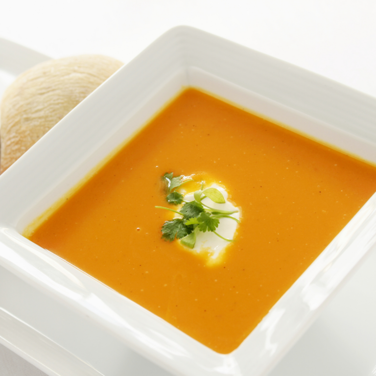 Butternut squash soup served in a bowl, can also be a homemade baby food from 6 months+.