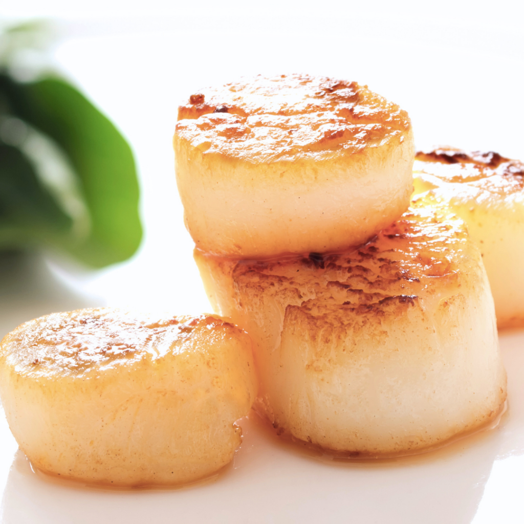 Seared scallops stacked on a plate.