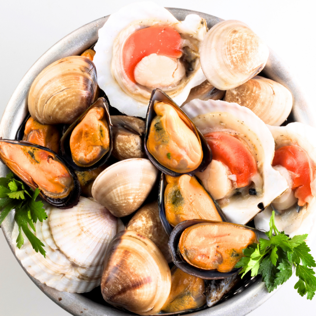 A pot of mixed shellfish including mussels, clams, and other shellfish.