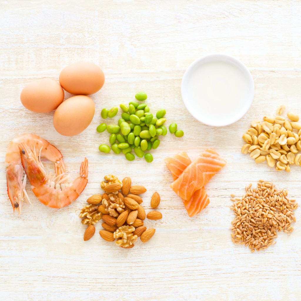 Various top allergens for babies and toddlers including whole shrimp, eggs, edamame, milk, salmon, almonds, wheat, and peanuts.