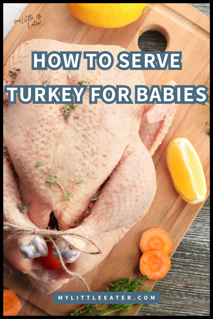 How to serve turkey for babies including tips on ensuring it is well cooked, making turkey meatballs, and offering in bite sized pieces.