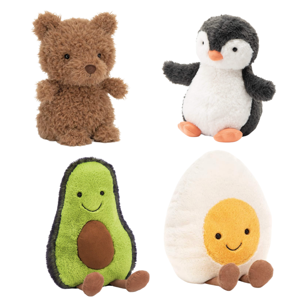 Four Jellycat stuffed toys that make great gifts.