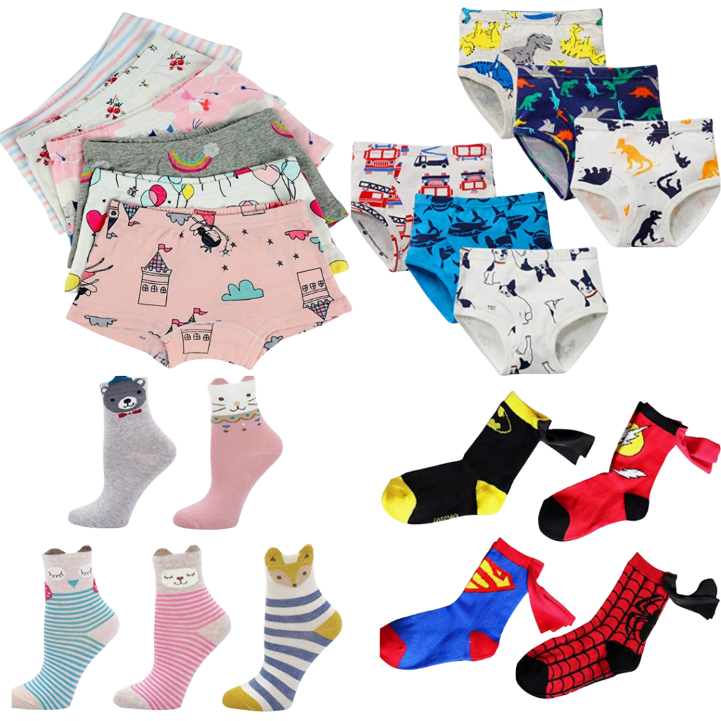 Socks and underwear for stockings in various colors and prints.