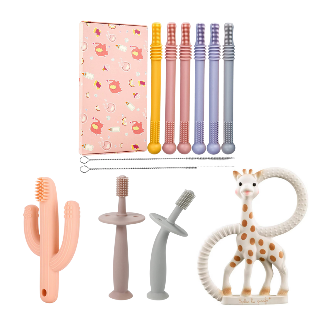 More gifts for babies include various types of teethers, such as Sofie Giraffe, baby toothbrushes, and teether tubes.