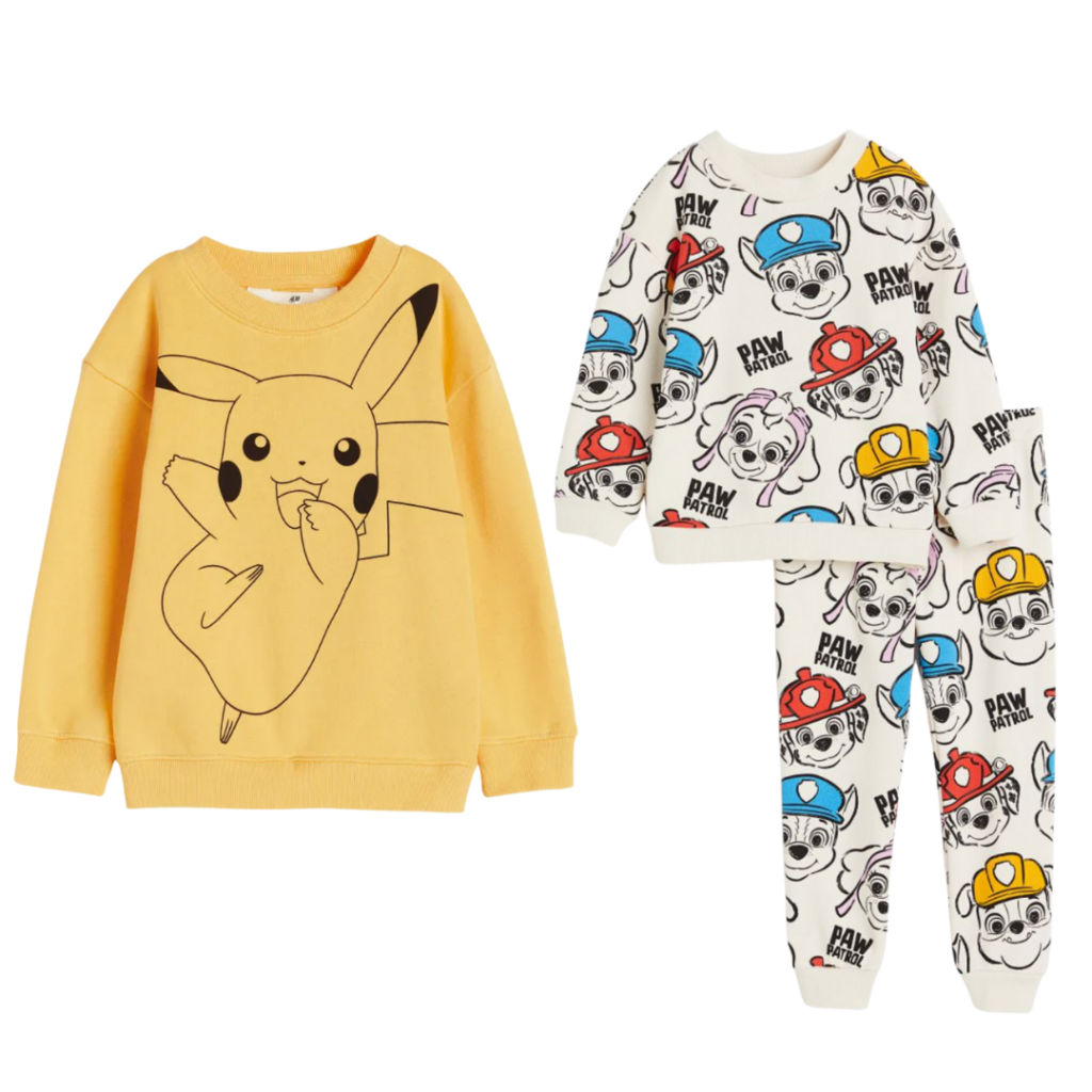 Inexpensive warm outfits for a toddler with Pikachu and Paw Patrol on them, for parents minding their budget.