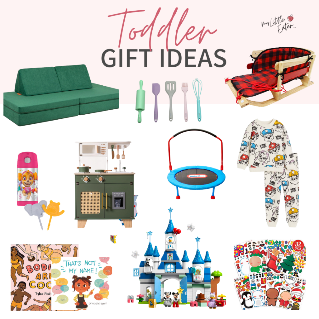 Toddler gift guides that includes a play couch, trampoline, lego, play kitchen, books, and even more gifts.