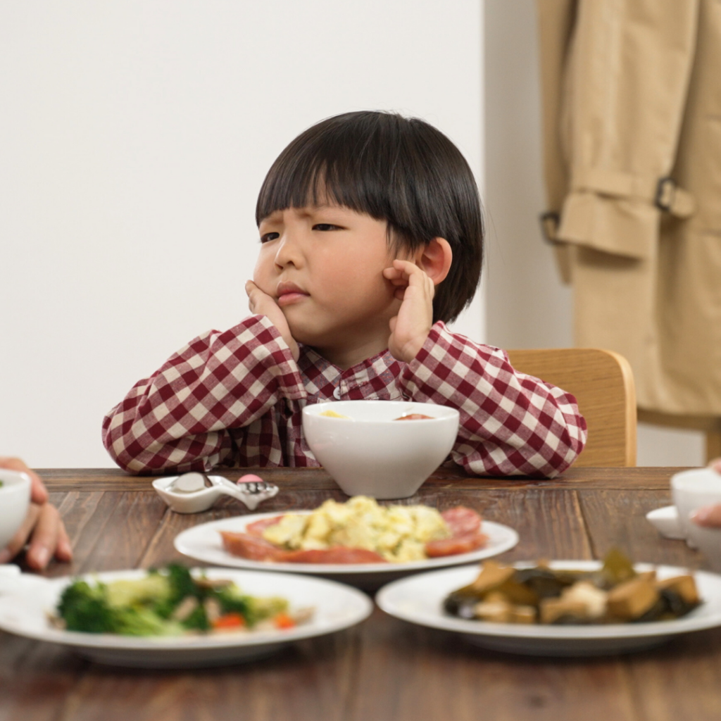 Toddler sitting at the dinner table and refusing to eat their meal.