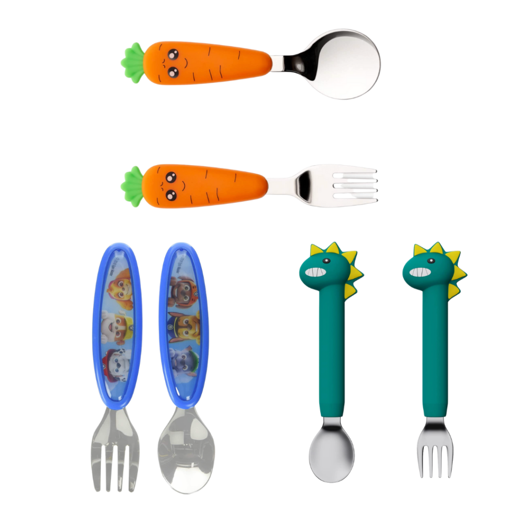 Various child utensils with Paw Patrol, dinosaurs, or carrots on them.