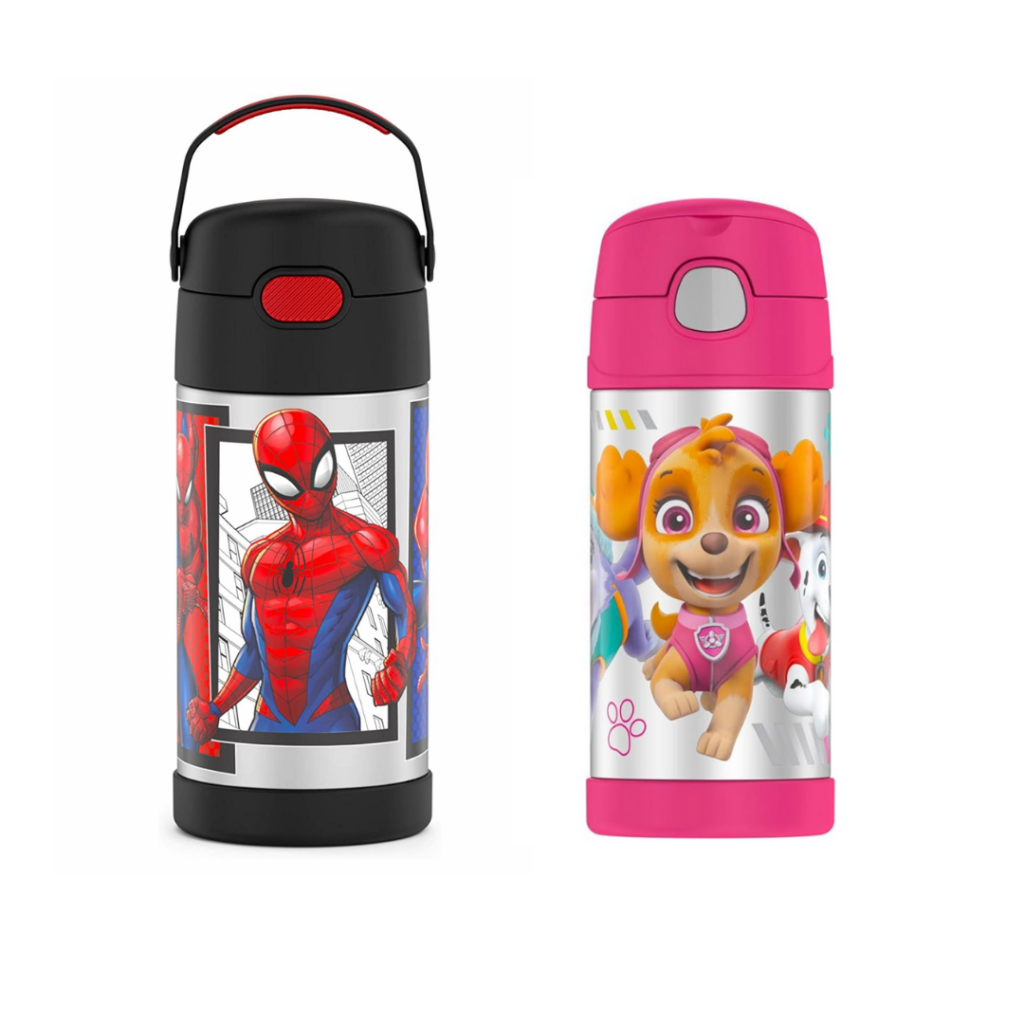 Thermos Funtainers, one with Spiderman and the other with Paw Patrol.