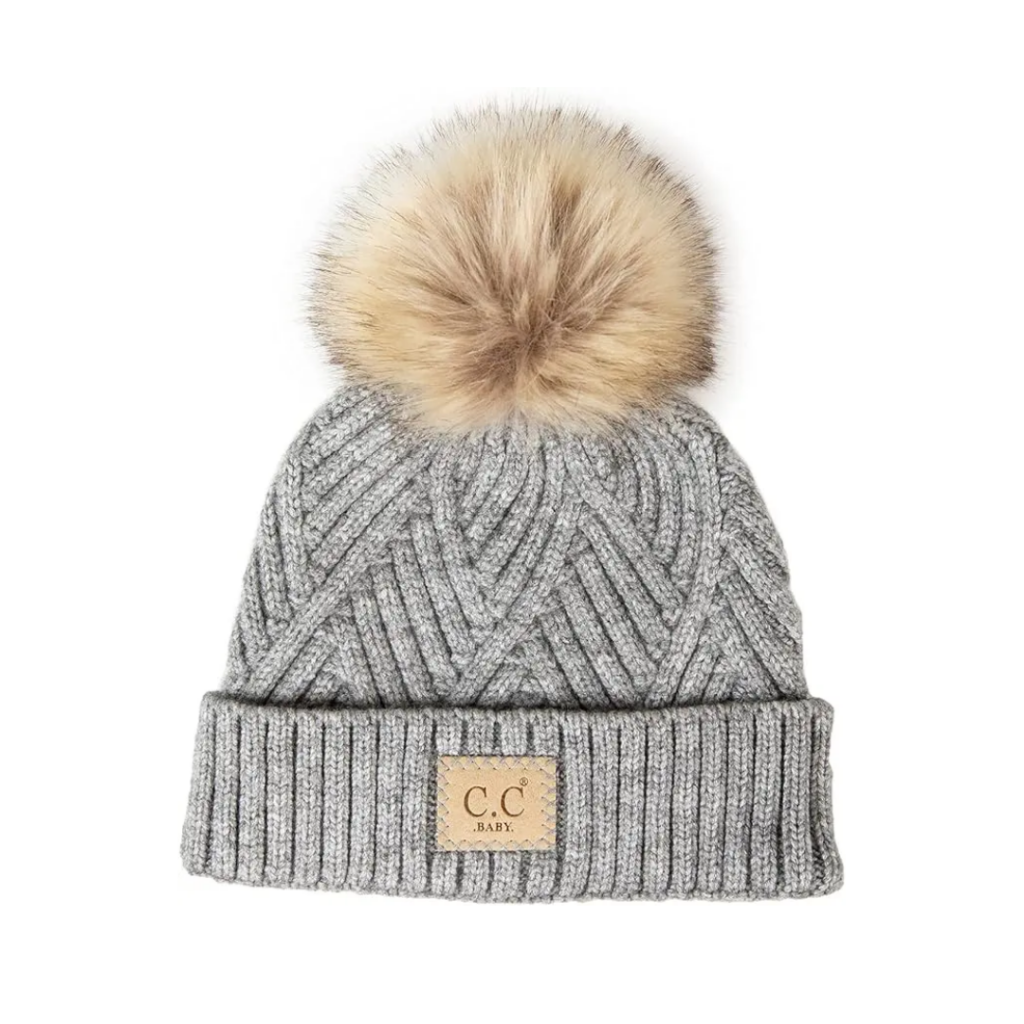 A warm grey toque with a pom-pom for baby, especially if you're an outdoorsy person it's perfect for keeping baby warm.