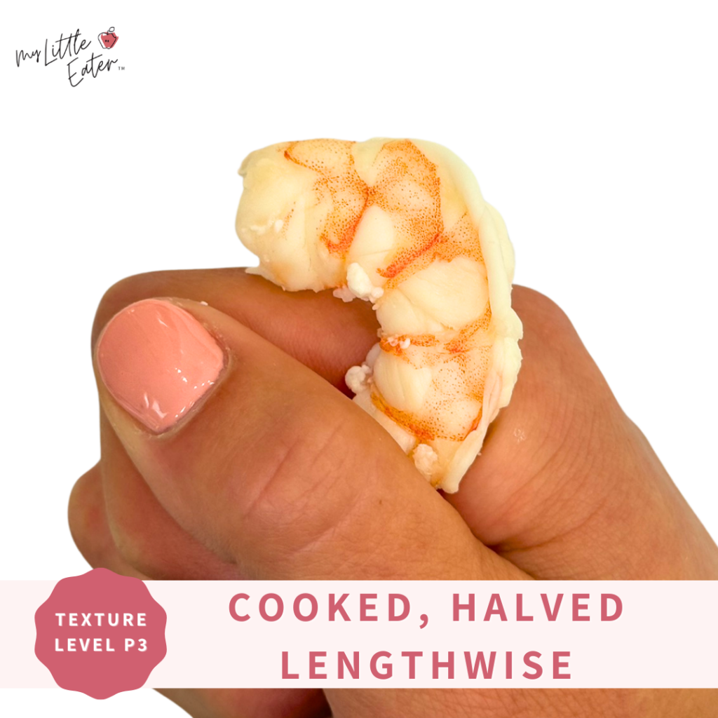 Cut cooked shrimp lengthwise to serve to babies safely.