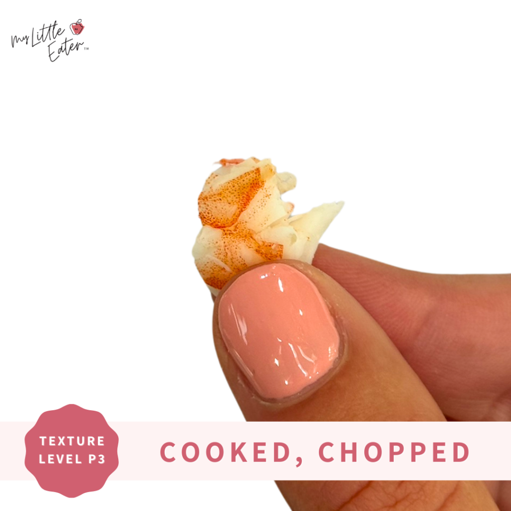 Chop shrimp into bite-sized pieces with rough edges for serving to babies.