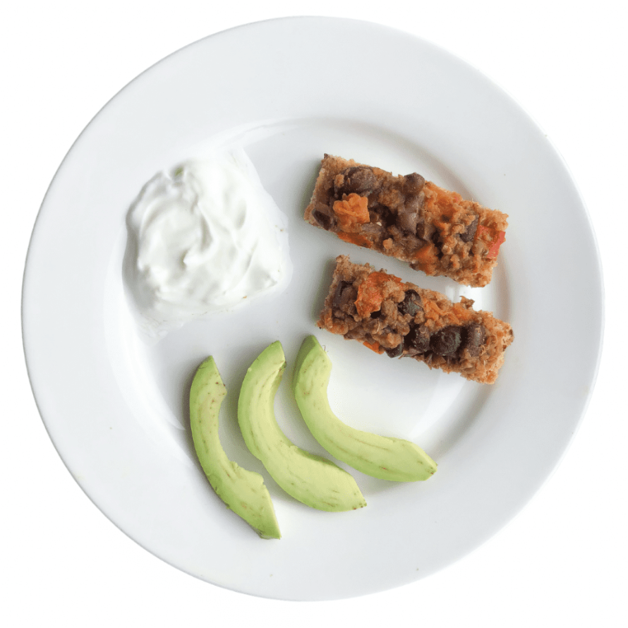 How much food to serve baby to start with and replenish as needed, showing soft food for baby including avocado, chili on toast, and yogurt.