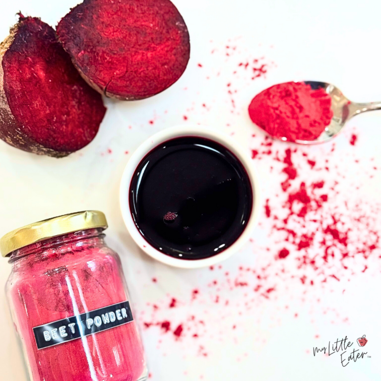 Red food coloring made from natural ingredients of beet powder and fresh beets.