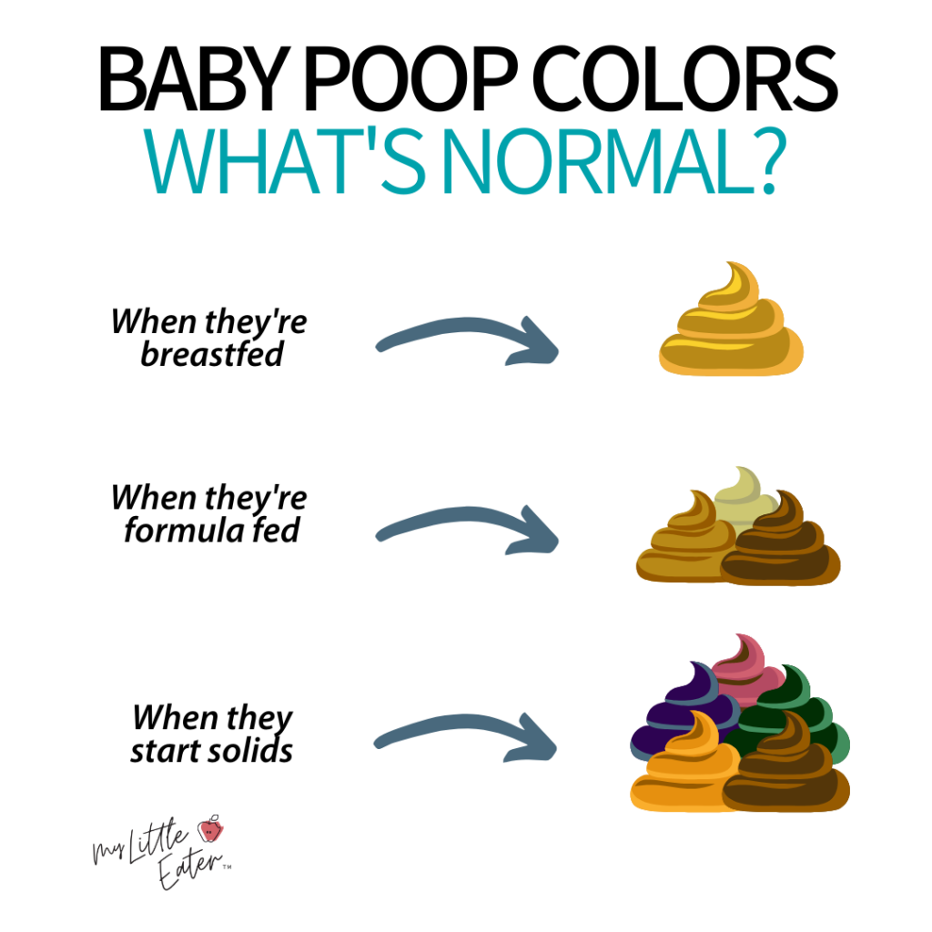 Baby poop colors: what's normal? Examples of breastfed baby poop, formula-fed poop, and poop after beginning solid foods are shown.