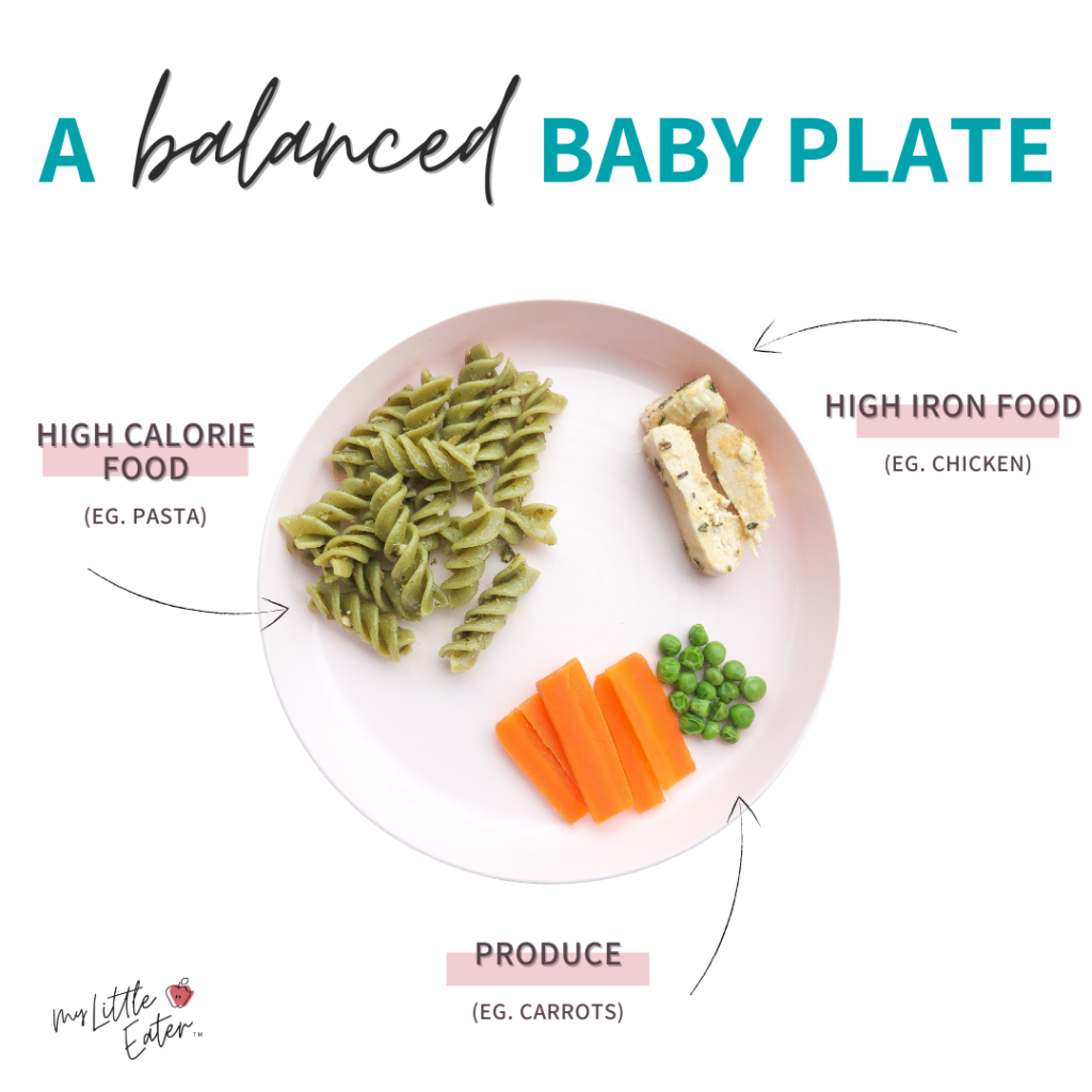 Serve pasta as part of a balanced baby plate; includes a high calorie food, a high iron food, and produce.