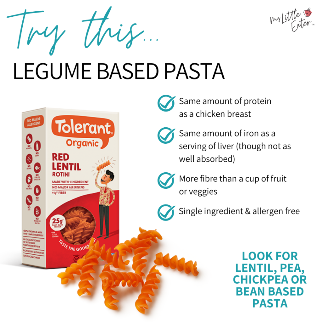 Try legume based options for baby pasta dishes, this outlines bullet points of benefits.