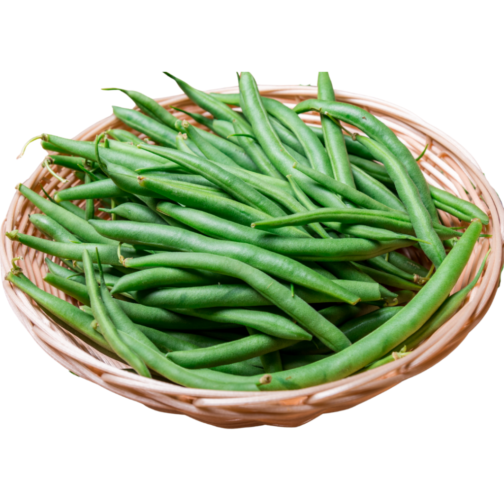 Raw green beans in a wicker bowl.