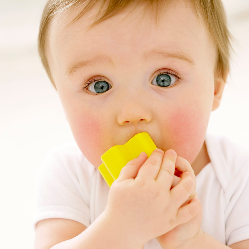 A baby with rosy cheeks mouths on a wooden toy.