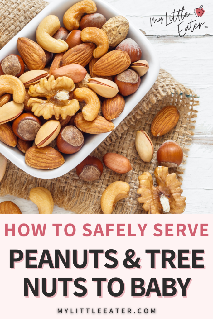 Bowl of mixed nuts with words below that read: How to safely serve peanuts and tree nuts to baby.