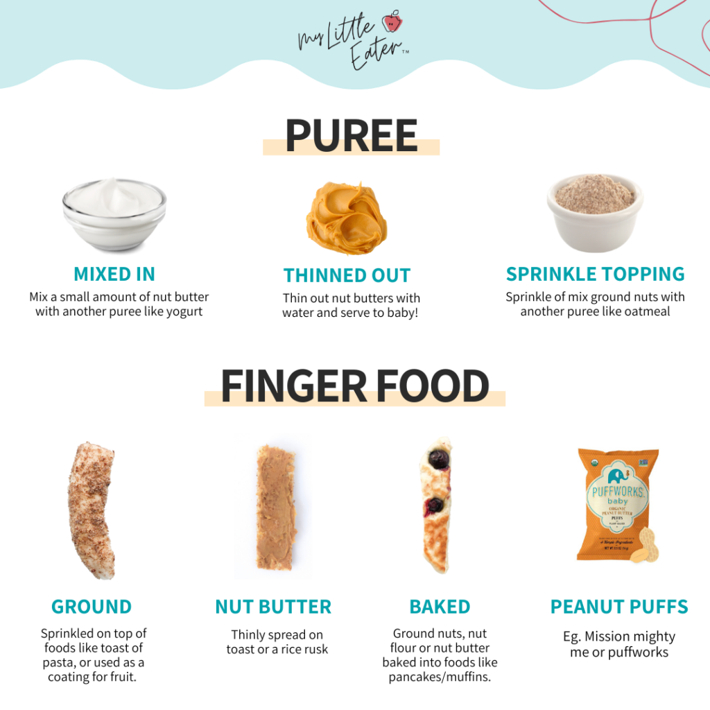 Puree and finger food (ie. baby led weaning) options for the early introduction of nuts using nut butter, peanut containing foods, nuts ground with a food processor, and other options.