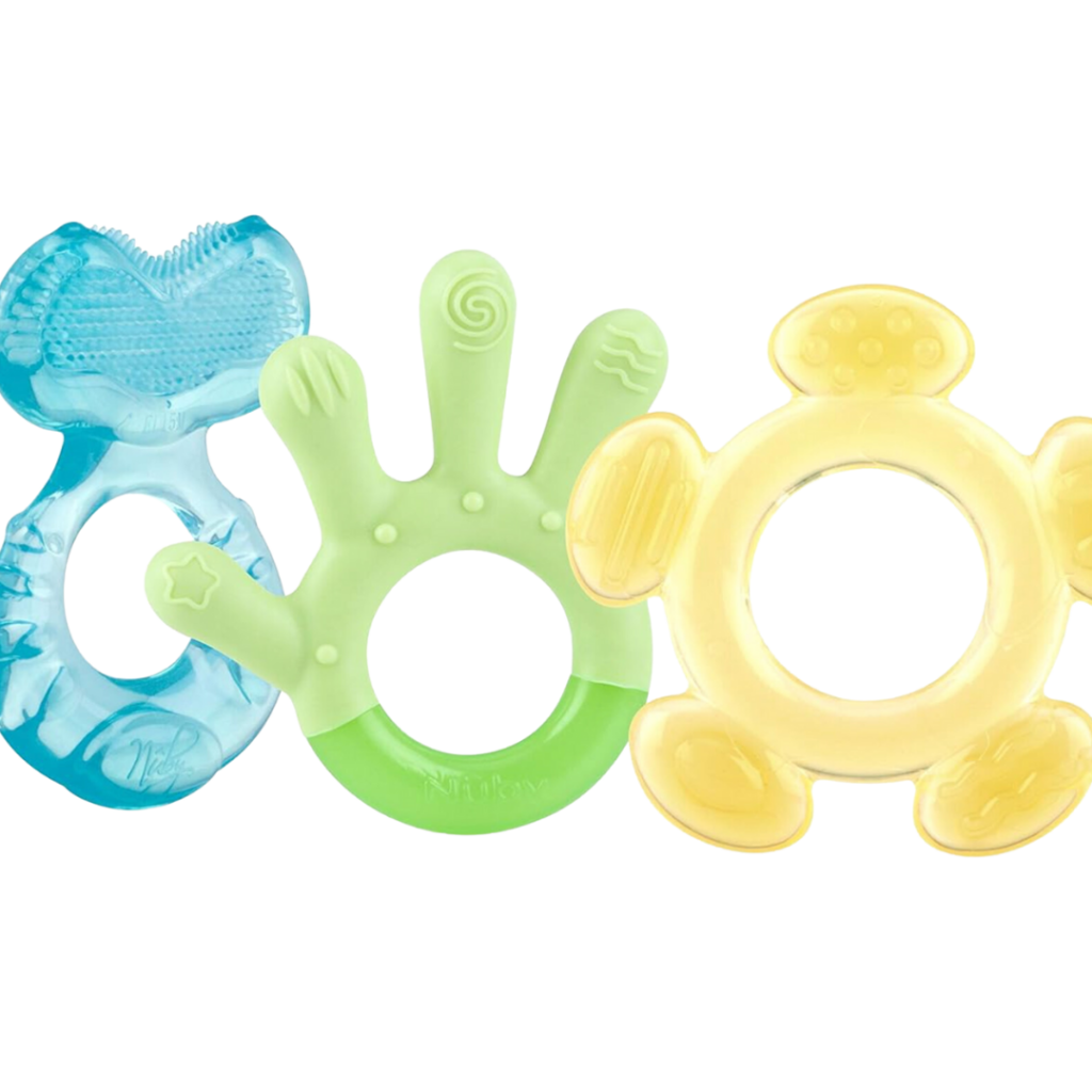 Three different shaped and colored teething rings for babies.