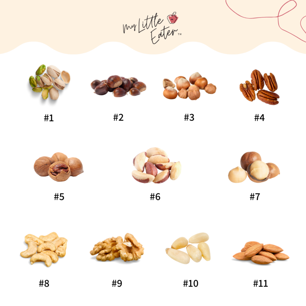 The 11 types of tree nuts that need to be introduced as top allergens, labelled by number, including pistachios, almonds, pine nuts, cashews, etc.