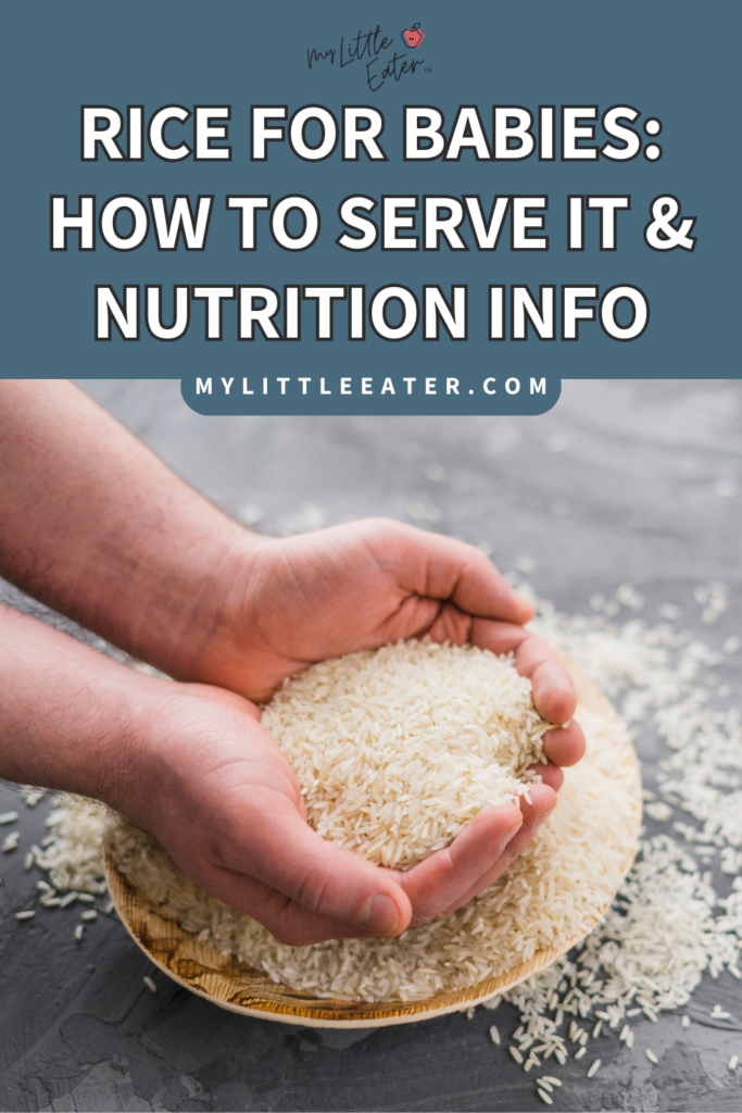 Rice for babies: how to serve it and nutrition info; hands scooping rice from a bowl pictured below.